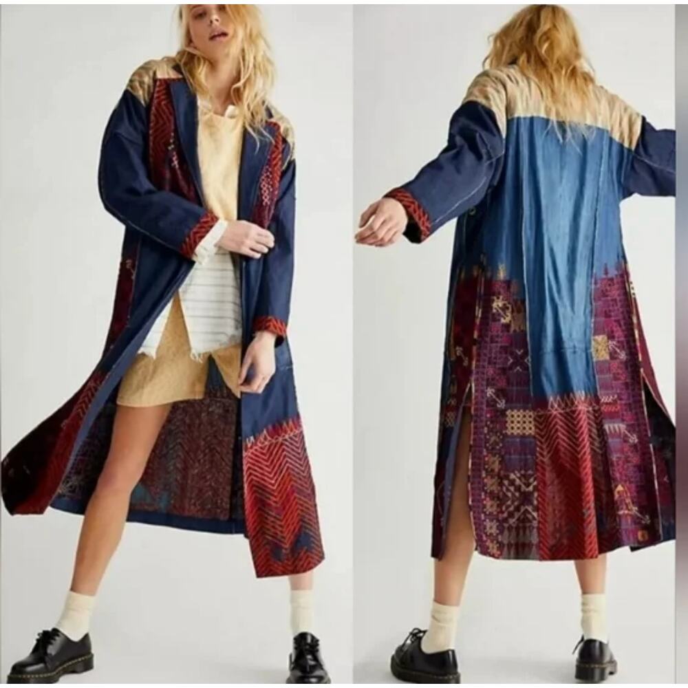 Free People Indigo Dreams Patchwork Jacket Duster Embroidered XS NWOT